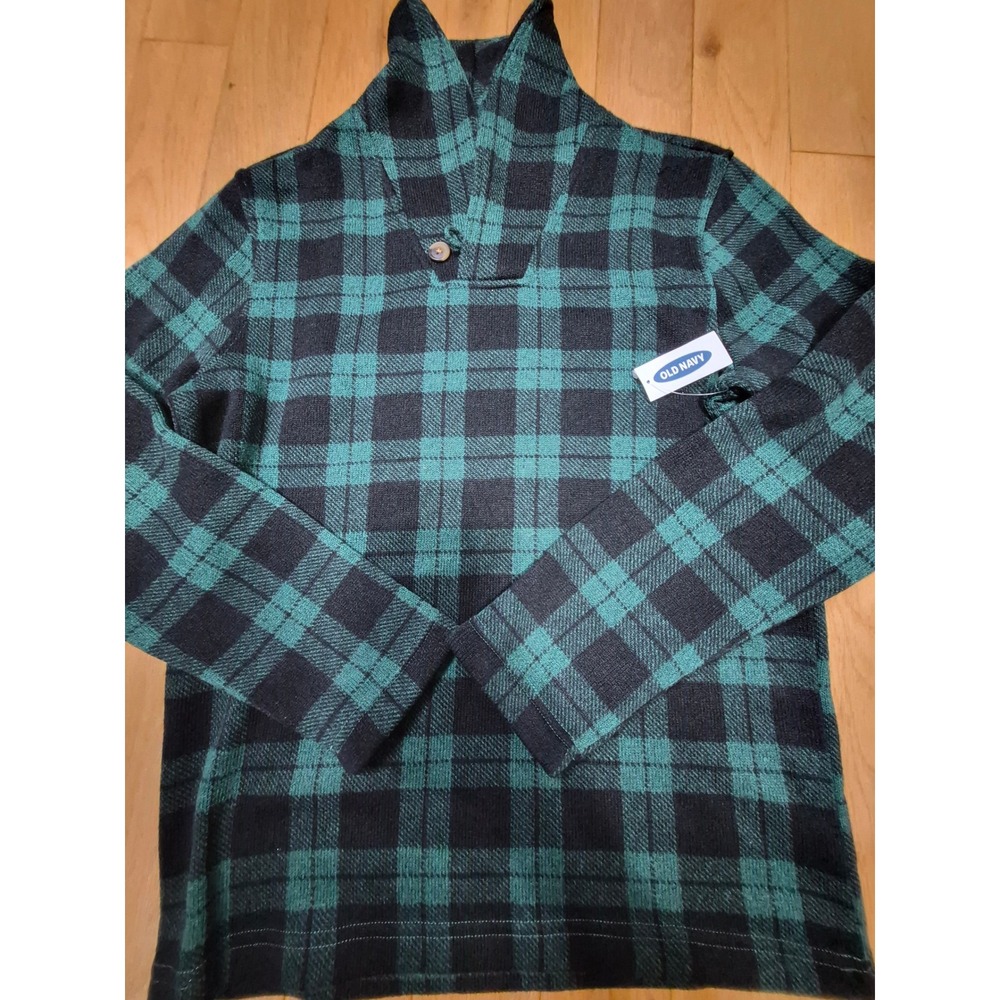 Old Navy Kids XL 14-16 Blackwatch Plaid Sweater Fleece Shawl Collar Pullover NEW